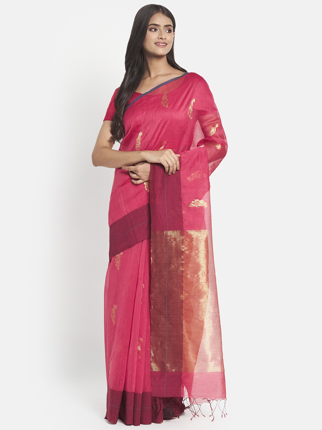 Fabindia Pink & Gold-Toned Ethnic Motifs Zari Silk Cotton Ready to Wear Chanderi Saree Price in India