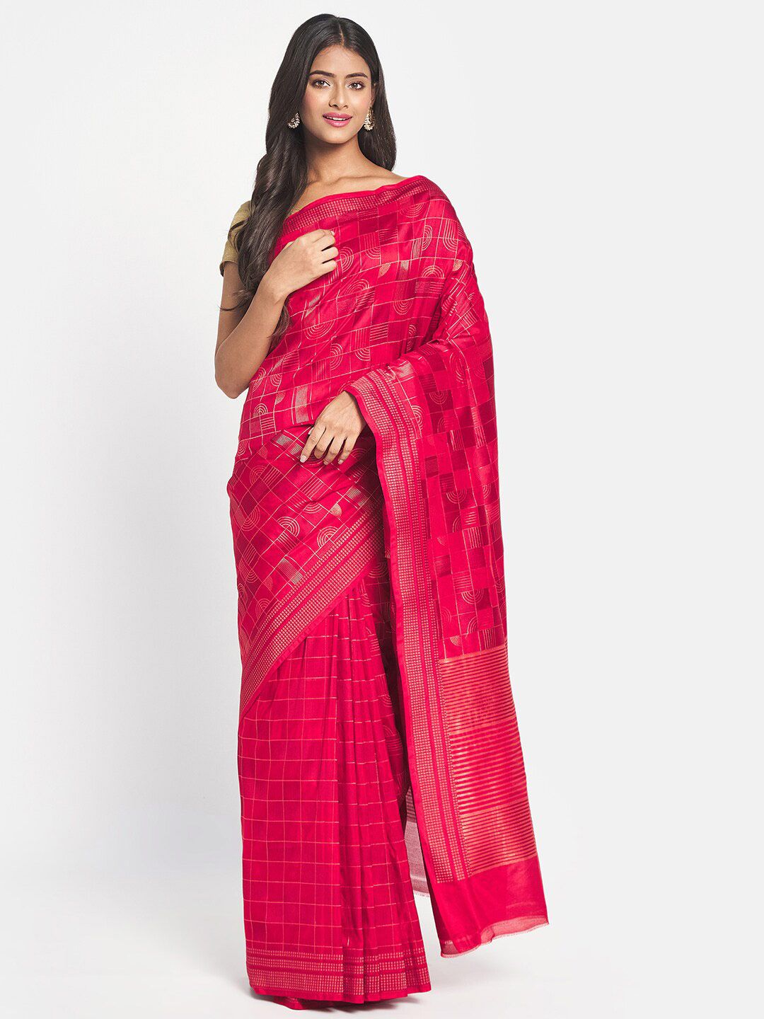 Fabindia Red & Gold-Toned Silk Cotton Zari Saree Price in India