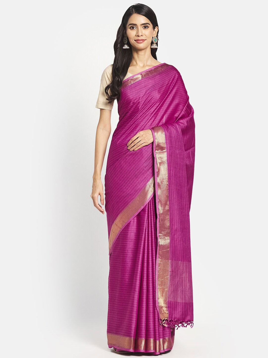 Fabindia Pink & Gold-Toned Striped Zari Silk Cotton Ready to Wear Saree Price in India