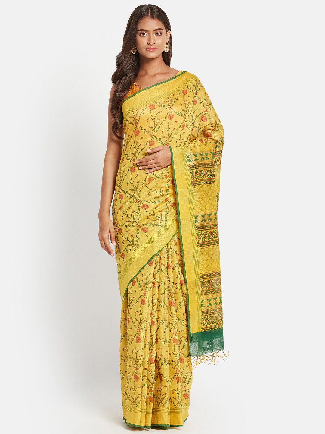 Fabindia Yellow & Green Floral Zari Pure Silk Block Print Saree Price in India