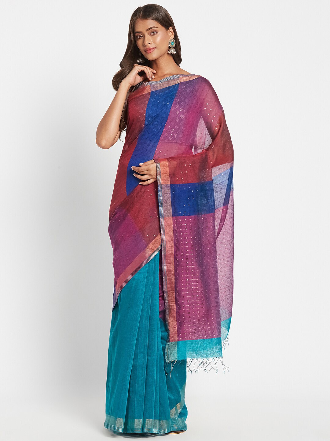 Fabindia Maroon & Turquoise Blue Embellished Linen Blend Saree Price in India