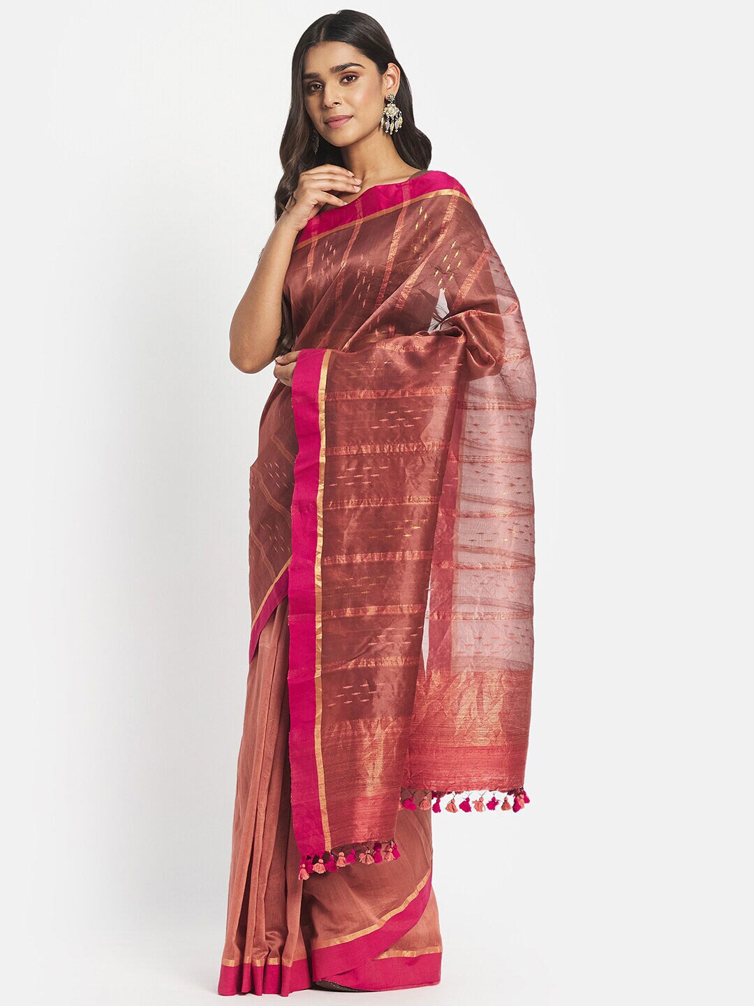 Fabindia Pink & Gold-Toned Woven Design Silk Cotton Jamdani Saree Price in India