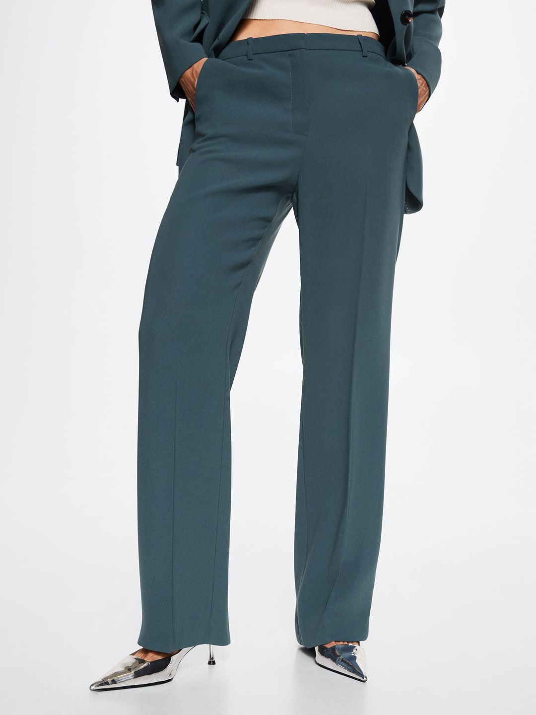 MANGO Women Teal Straight Fit Pleated Sustainable Trousers Price in India