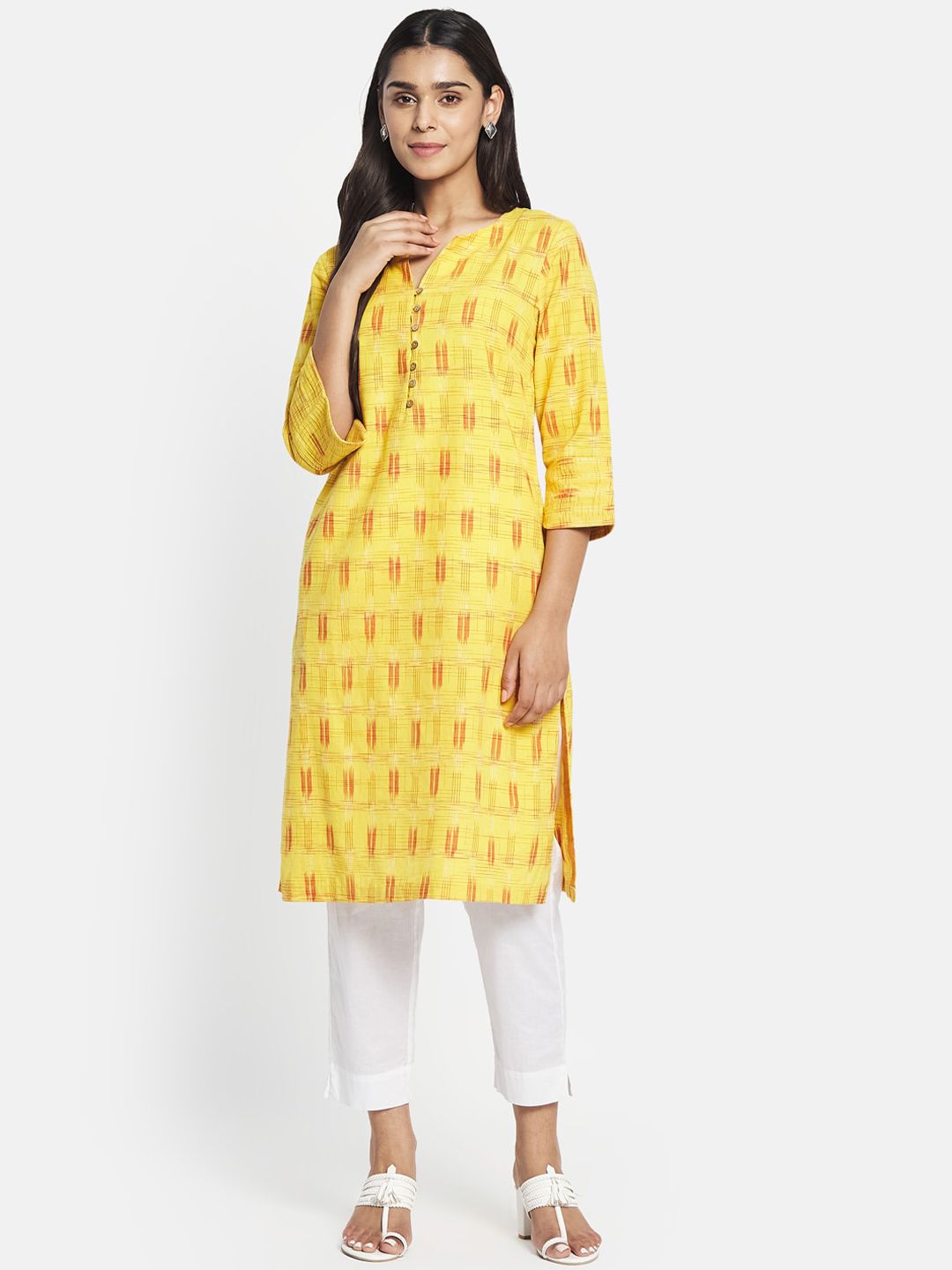 Fabindia Women Yellow Pure Cotton Geometric Printed Kurta