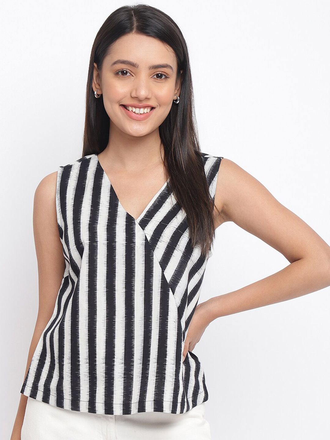 Fabindia White & Black Striped Ikat Cotton Monochrome Wrap Top Price in India