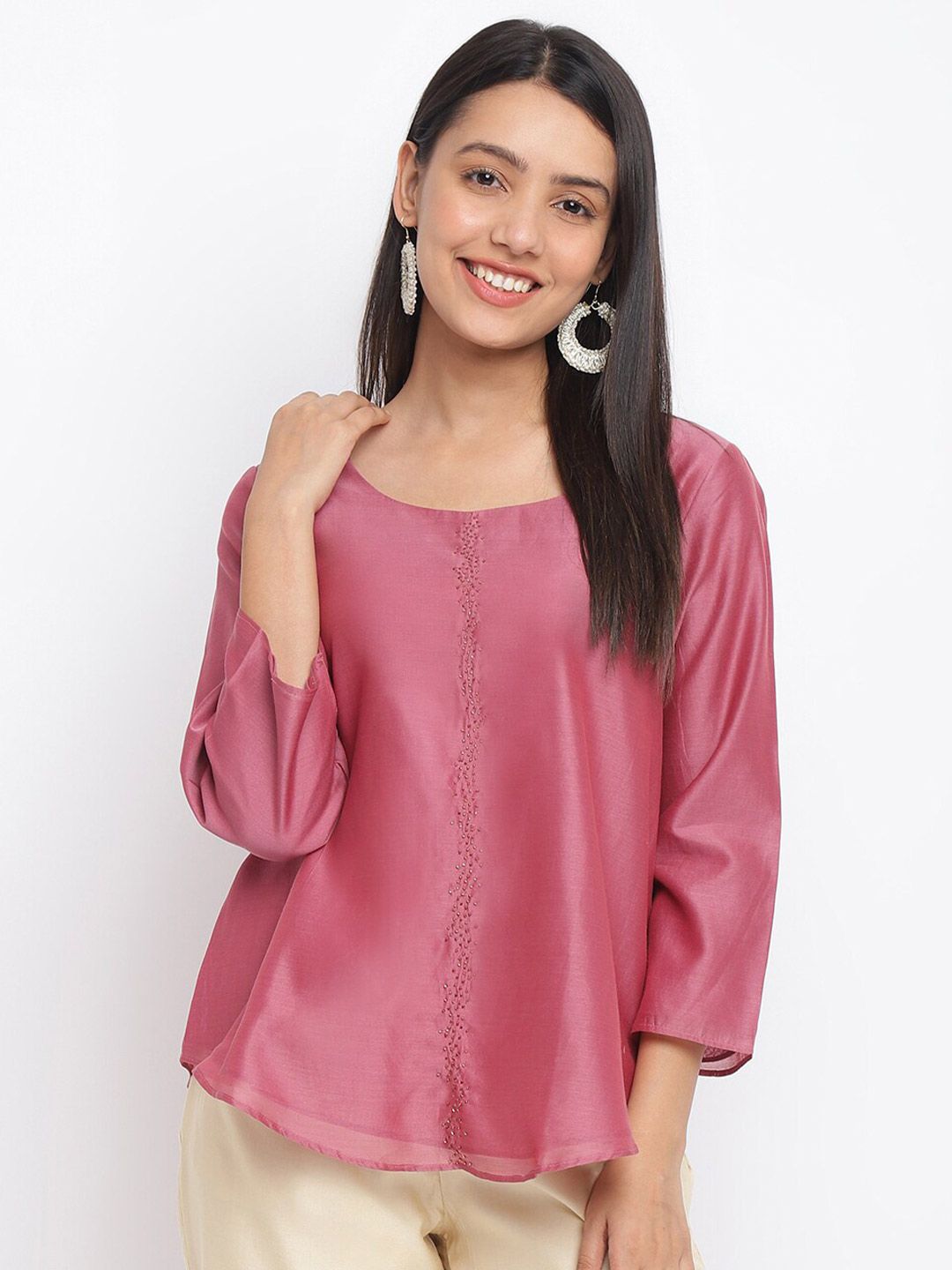 Fabindia Women Pink Solid A-Line Top with Beaded Detail Price in India