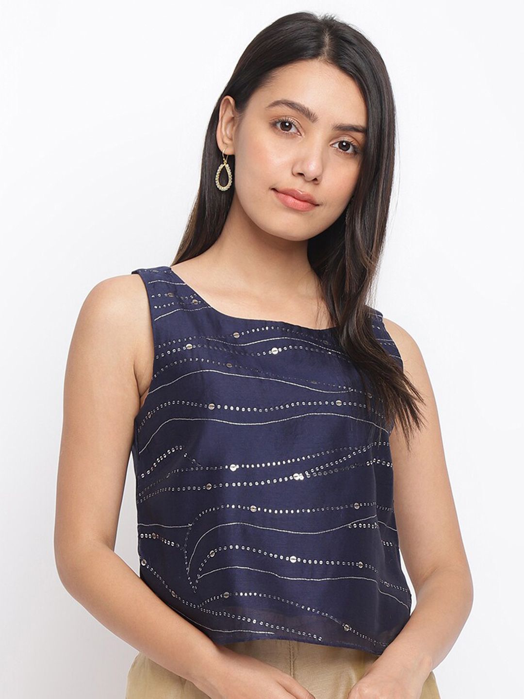 Fabindia Women Blue & Silver-Toned Embellished Print Top Price in India