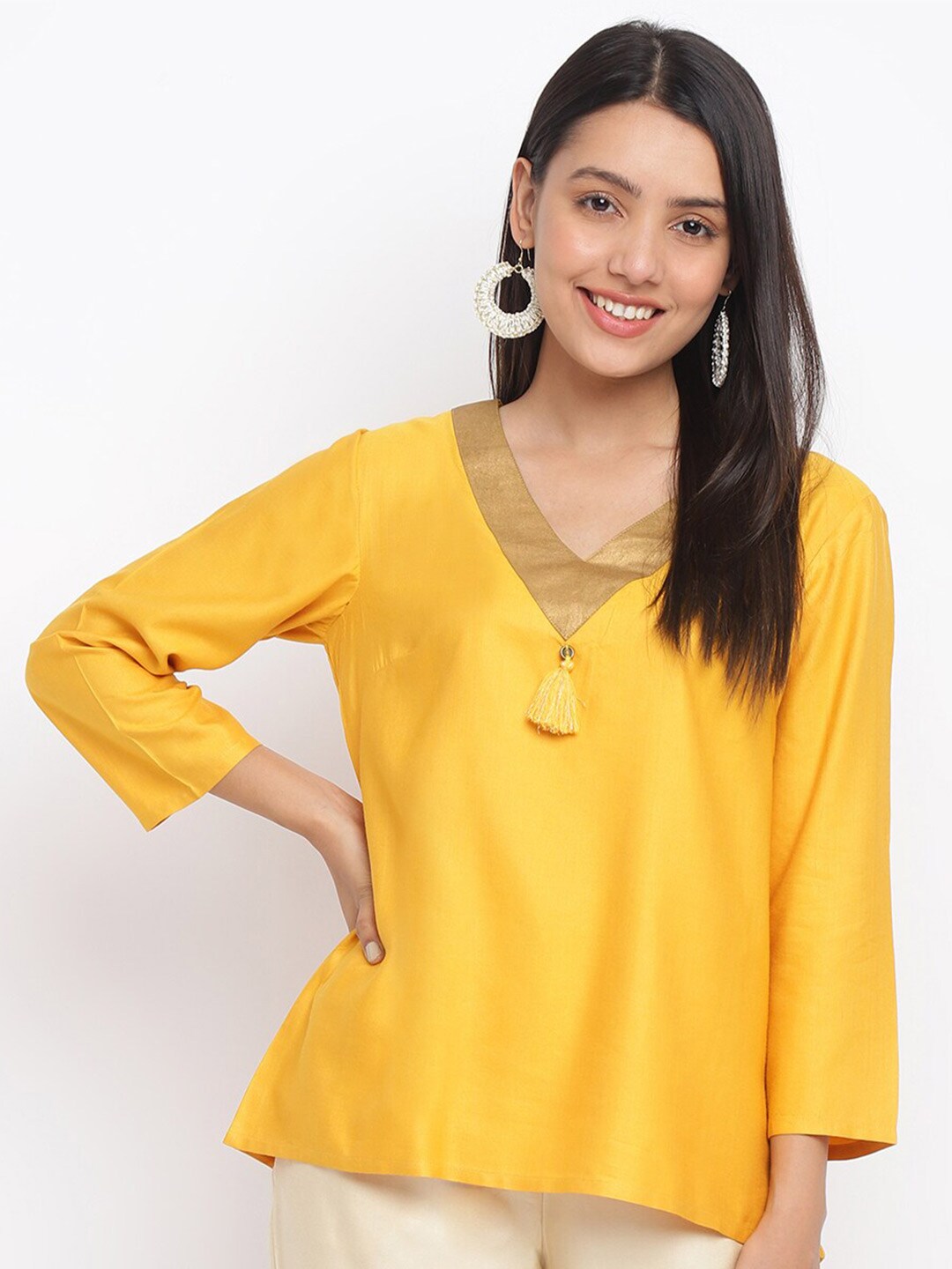 Fabindia Women Yellow Solid A-Line Top Price in India
