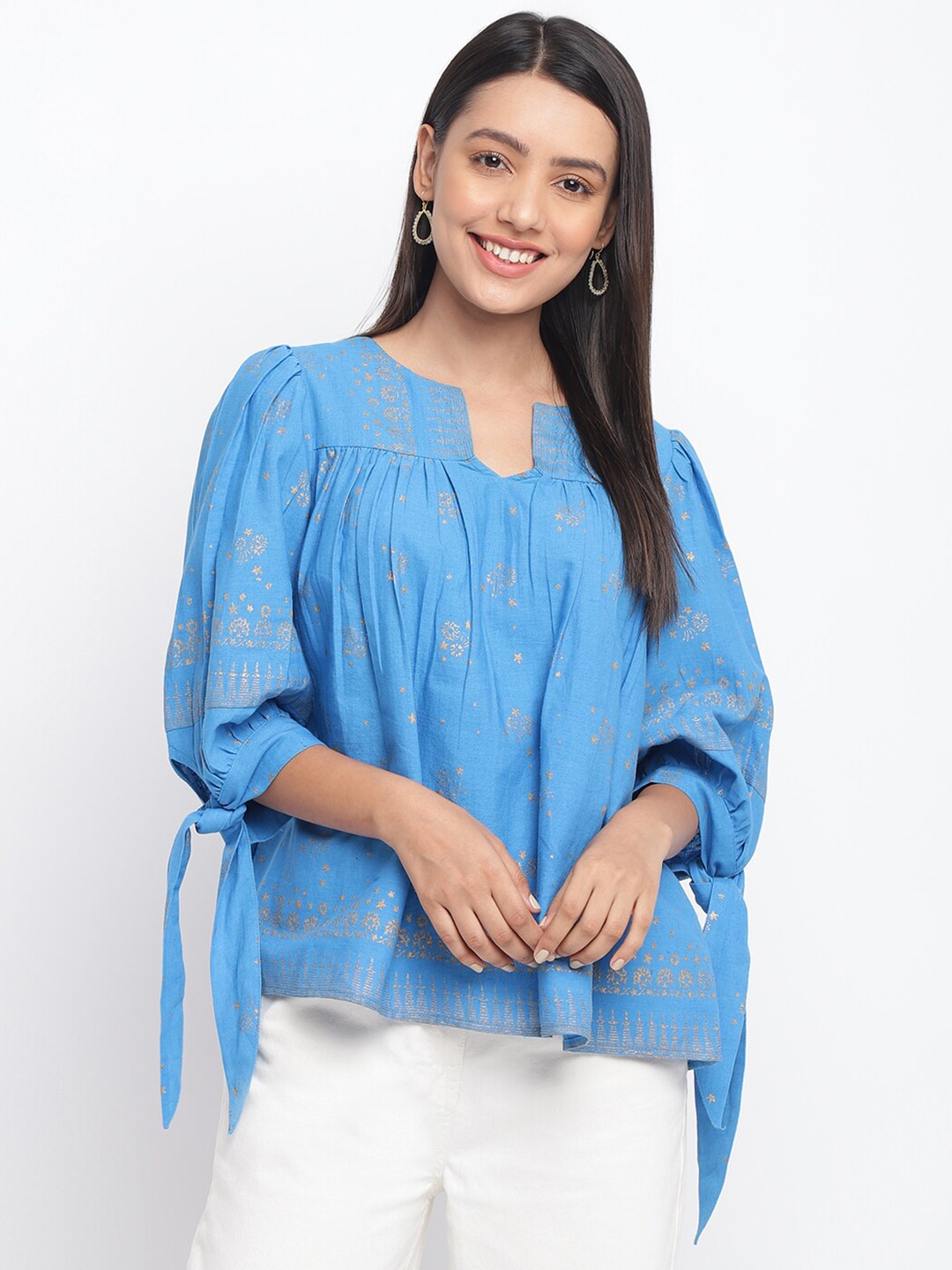 Fabindia Blue Printed A-Line Top Price in India
