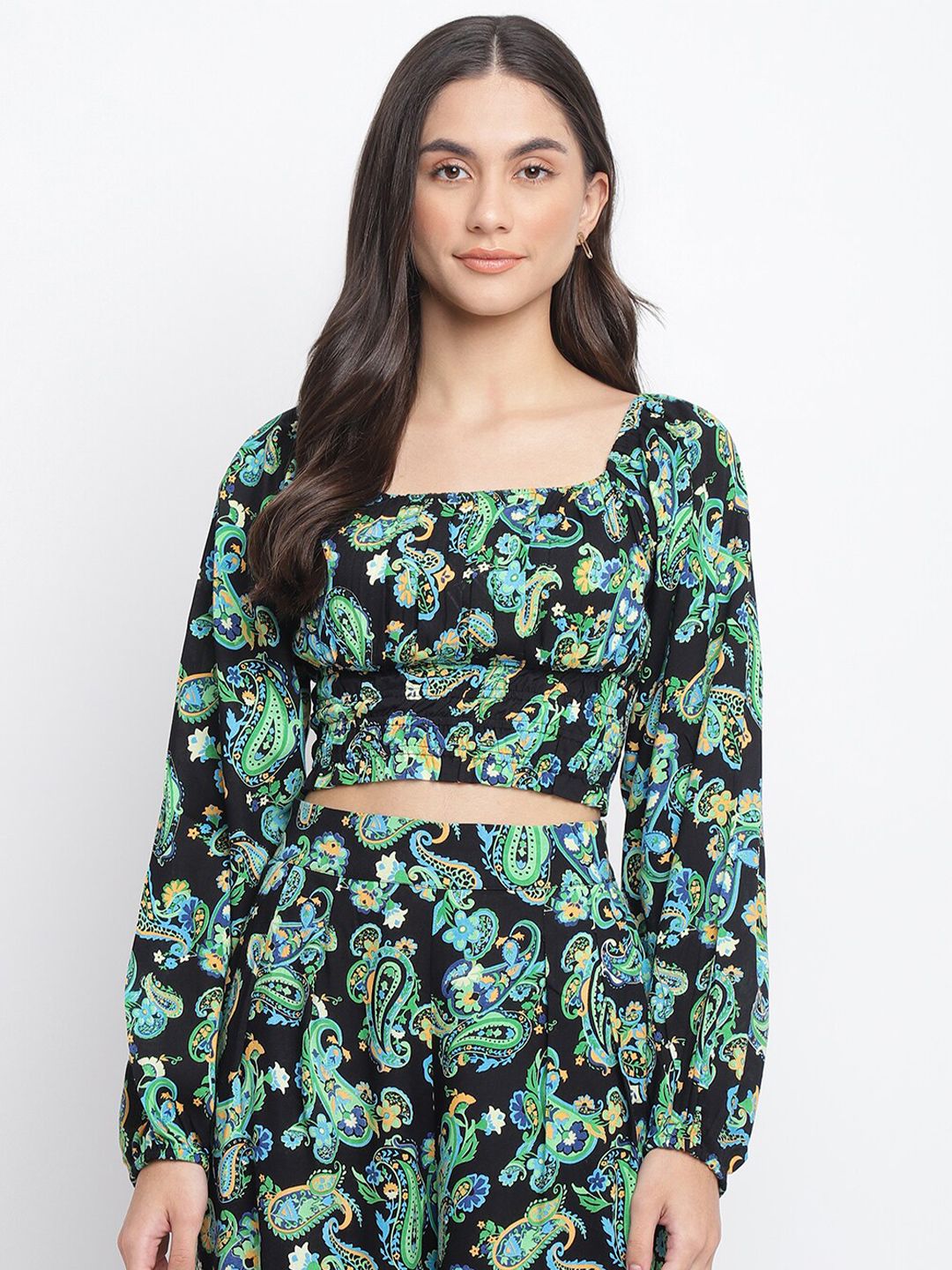 Fabindia Women Black And Green Floral Print Crop Top Price in India