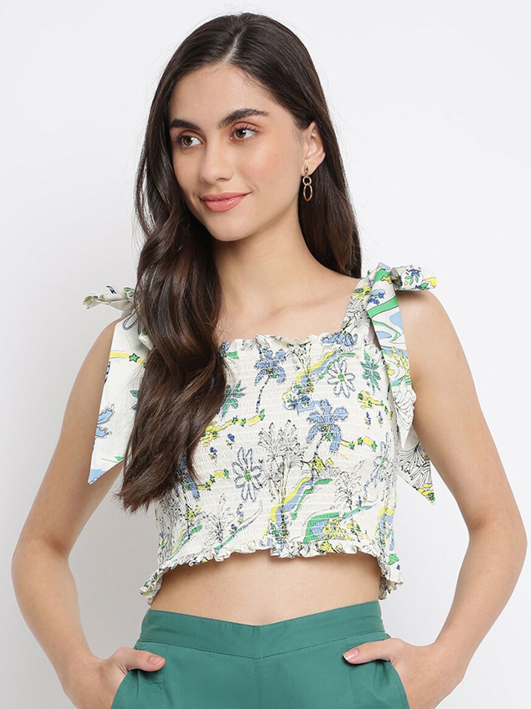Fabindia Women Off White & Blue Floral Print Crop Top Price in India