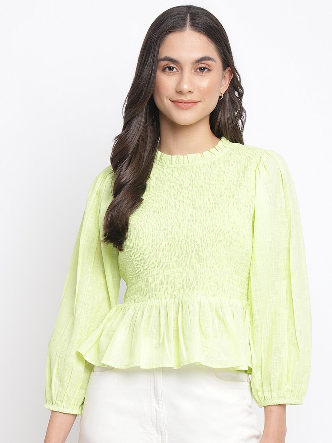 Fabindia Women Green Pure Cotton Solid Smocked Top Price in India
