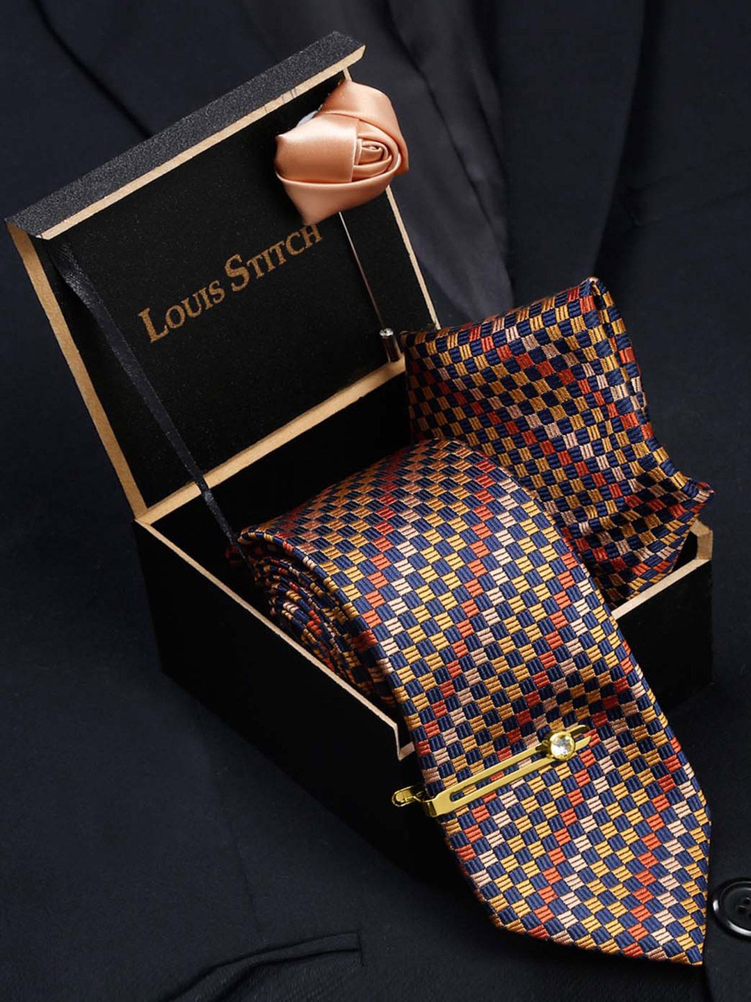 LOUIS STITCH Men Munsell Yellow Italian Silk Necktie Accessory Gift Set