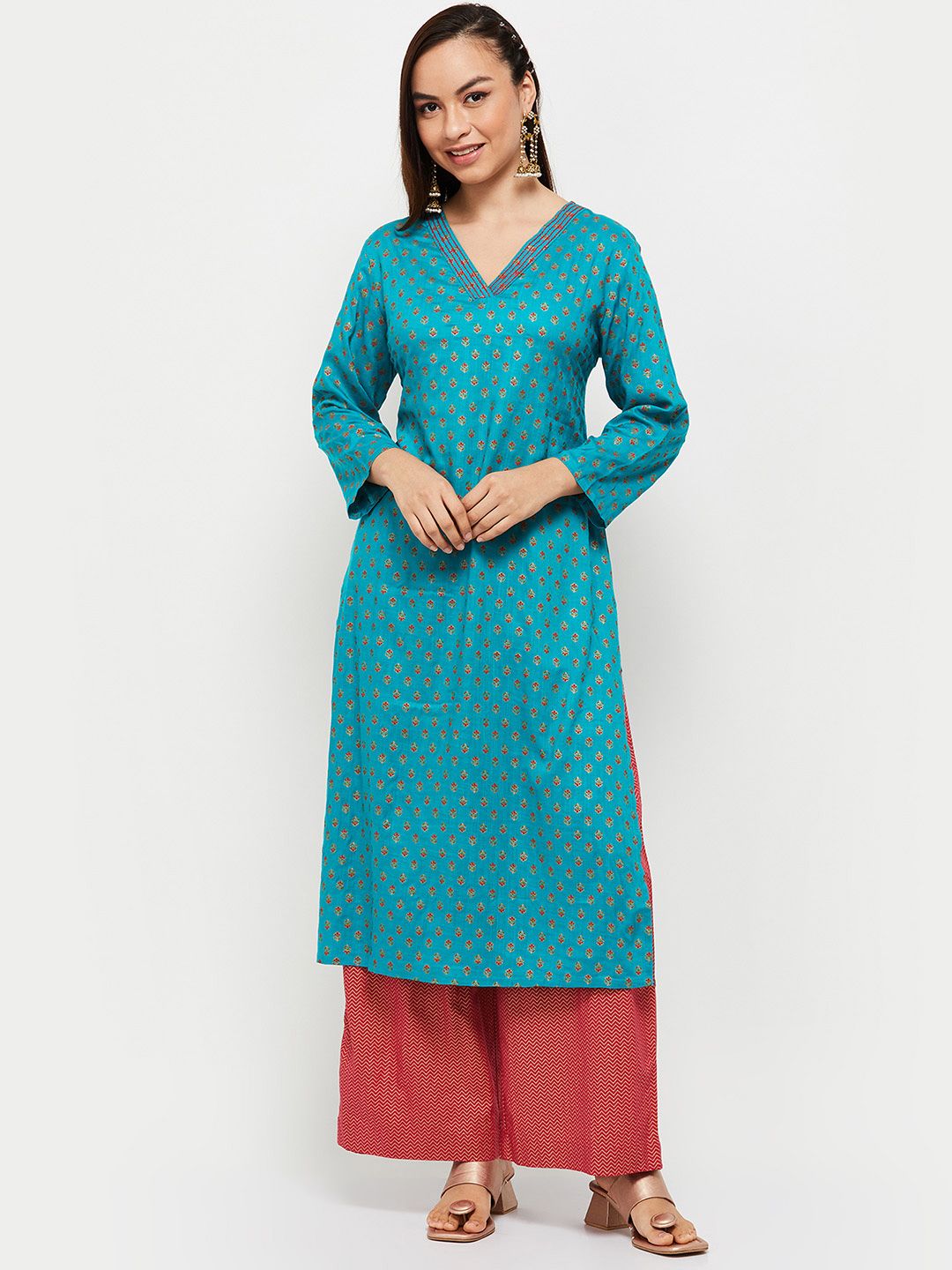 max Women Teal Ethnic Motifs Printed Kurta with Palazzos & With Dupatta Price in India