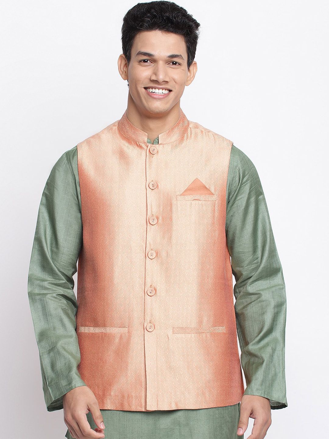 Fabindia Men Peach-Colored Woven-Design Nehru Jackets