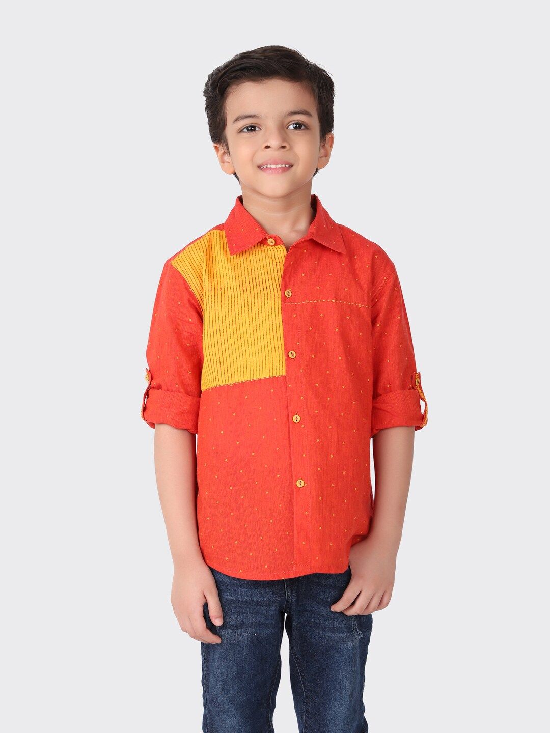 Fabindia Boys Orange Cotton Colourblocked Casual Shirt