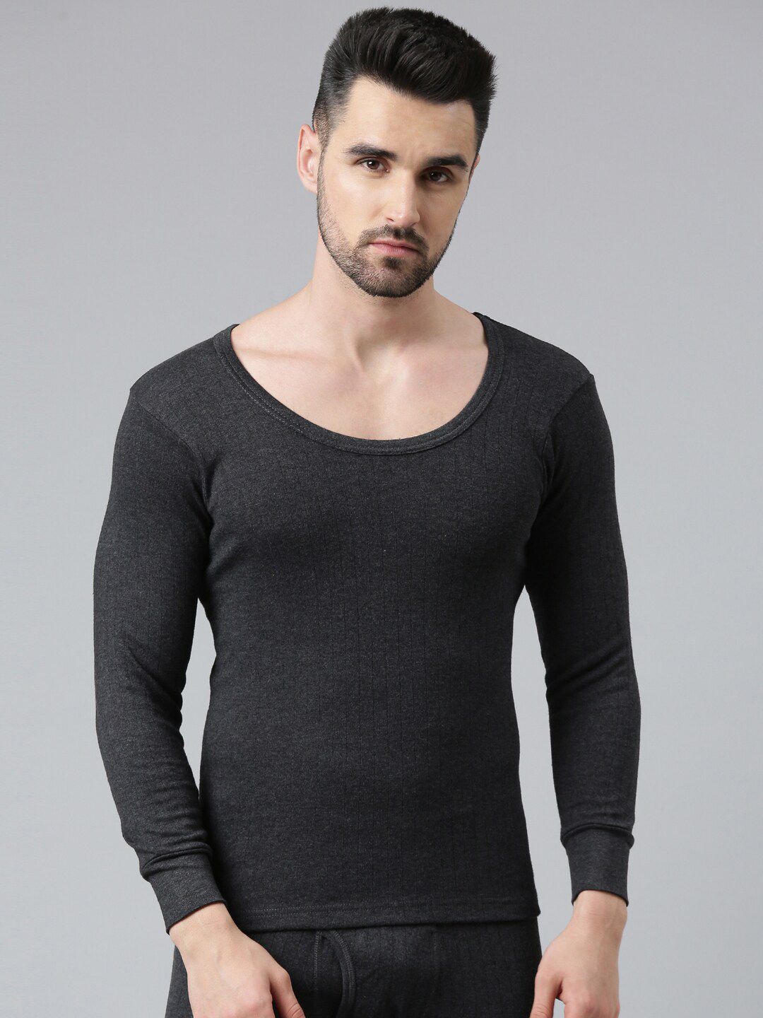 DIXCY SCOTT Men Grey Solid Cotton Thermal Tops Price in India