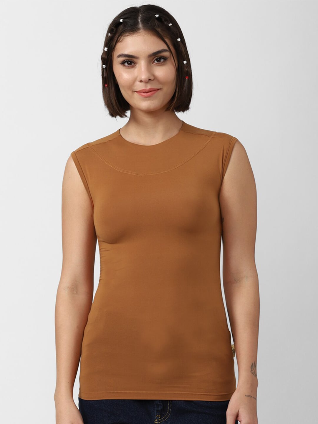 FOREVER 21 Rust Solid Sleeveless Top Price in India