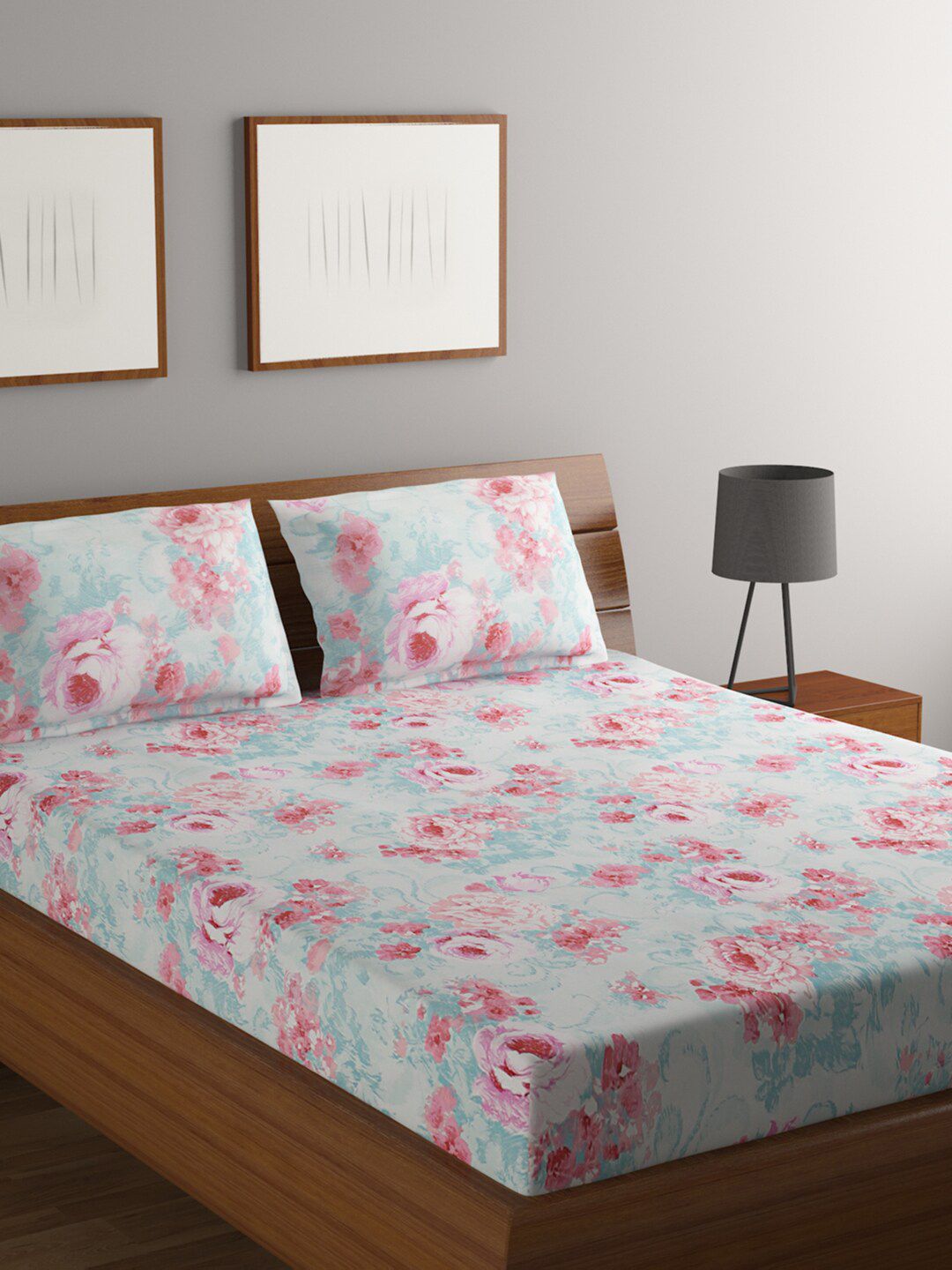 BOMBAY DYEING Blue & Pink Floral Pure Cotton 140 TC Queen Bedsheet with 2 Pillow Covers Price in India