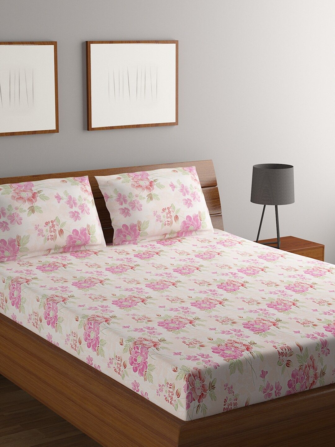 BOMBAY DYEING White & Pink Floral 140 TC Cotton King Bedsheet with 2 Pillow Covers Price in India