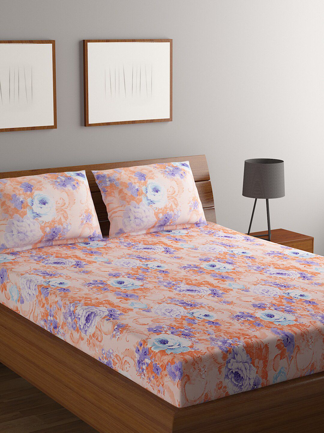 BOMBAY DYEING Orange & Blue Floral 140 TC Cotton King Bedsheet with 2 Pillow Covers Price in India