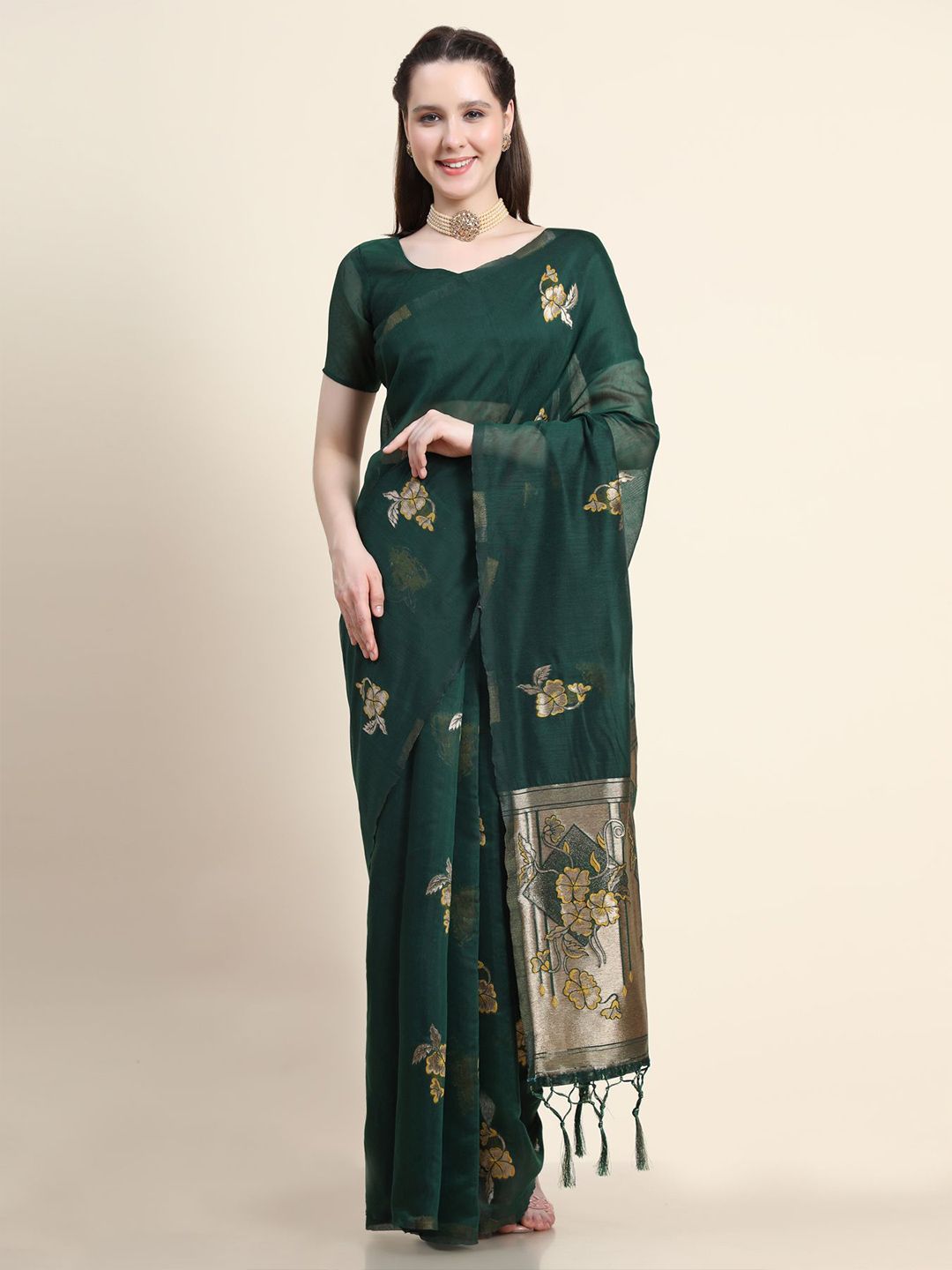 AVANSHEE Green & Gold Woven Design Zari Linen Blend Saree Price in India