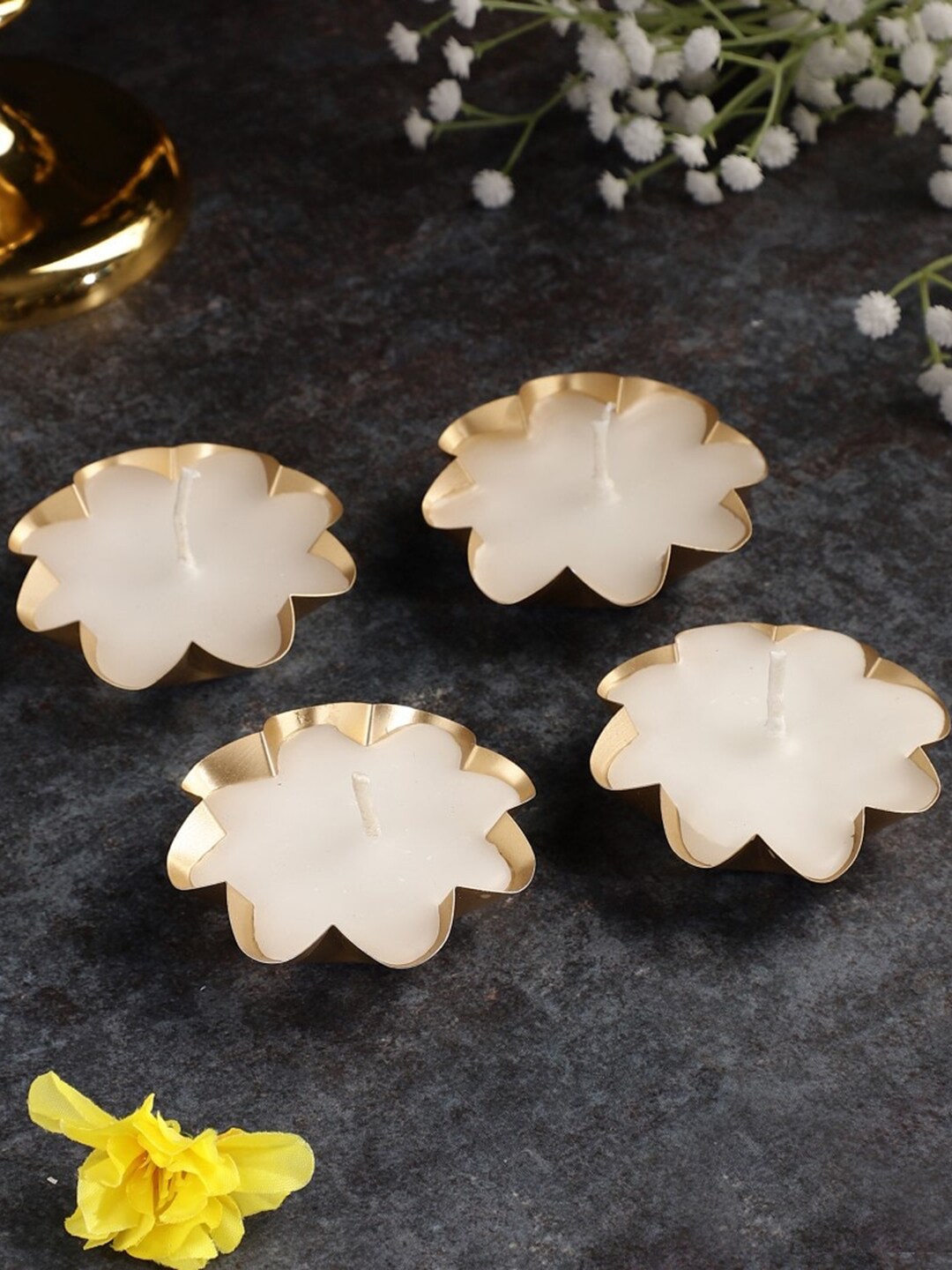 OddCroft  Set of 4 Gold-Toned Flower Shaped Tea-Light Candle Holder with Wax Price in India