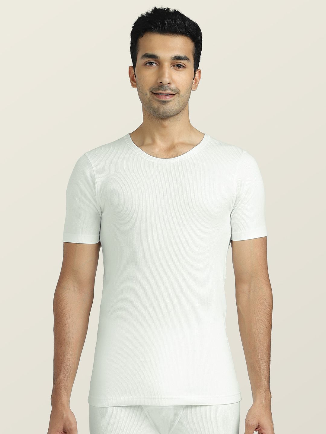 XYXX Men Off White Solid Alpine Cotton Short Sleeves Thermal Vest