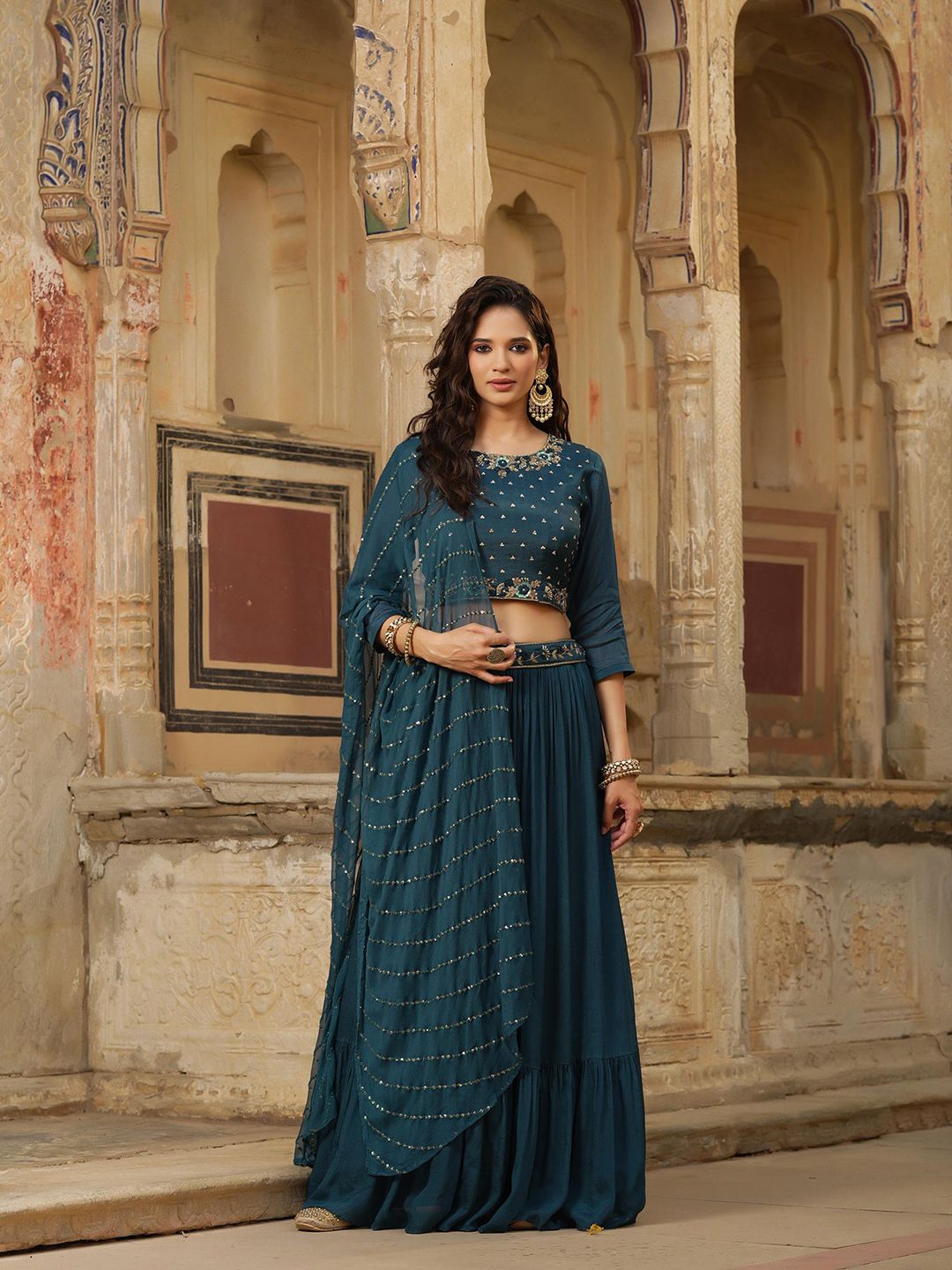 SCAKHI Women Navy Blue & Gold-Toned Embellished Sequinned Ready to Wear Lehenga & Blouse With Dupatta Price in India