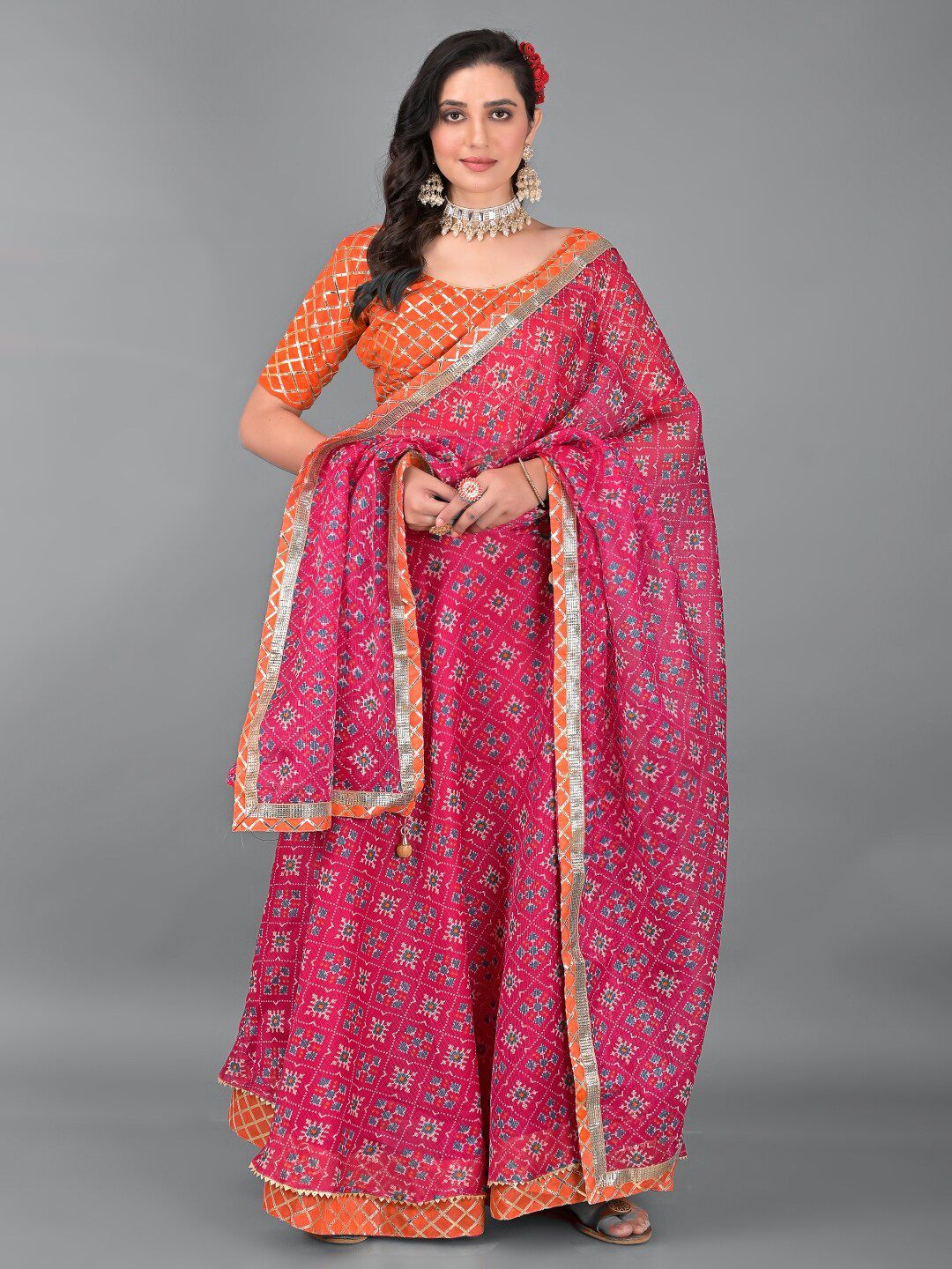 Apratim Pink & Orange Embellished Ready to Wear Lehenga & Unstitched Blouse With Dupatta Price in India