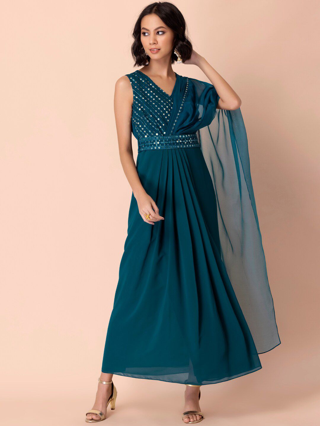 INDYA Teal Mirror Work Pre-Stitched with Attached Blouse & Belt Saree Price in India