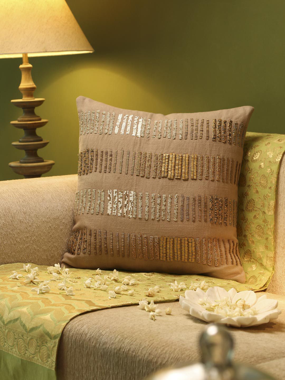 Amoliconcepts Grey & Gold-Toned Embellished Pure Cotton Square Cushion Cover Price in India