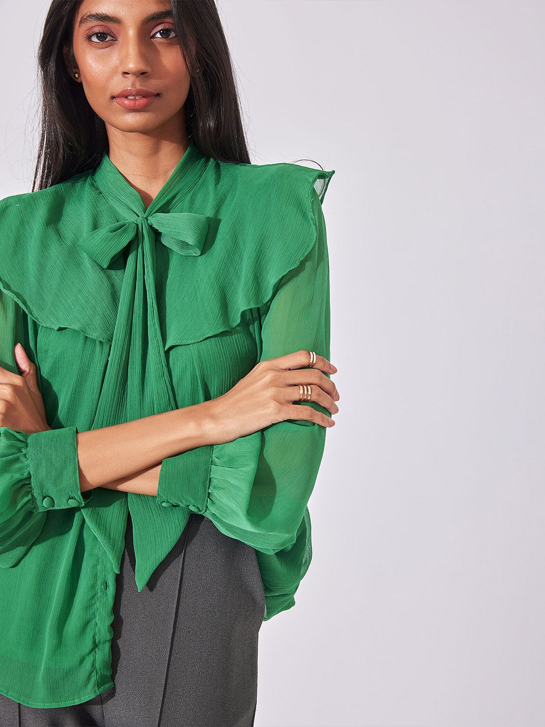 The Label Life Women Green Tie-Up Neck Georgette Shirt Style Top Price in India