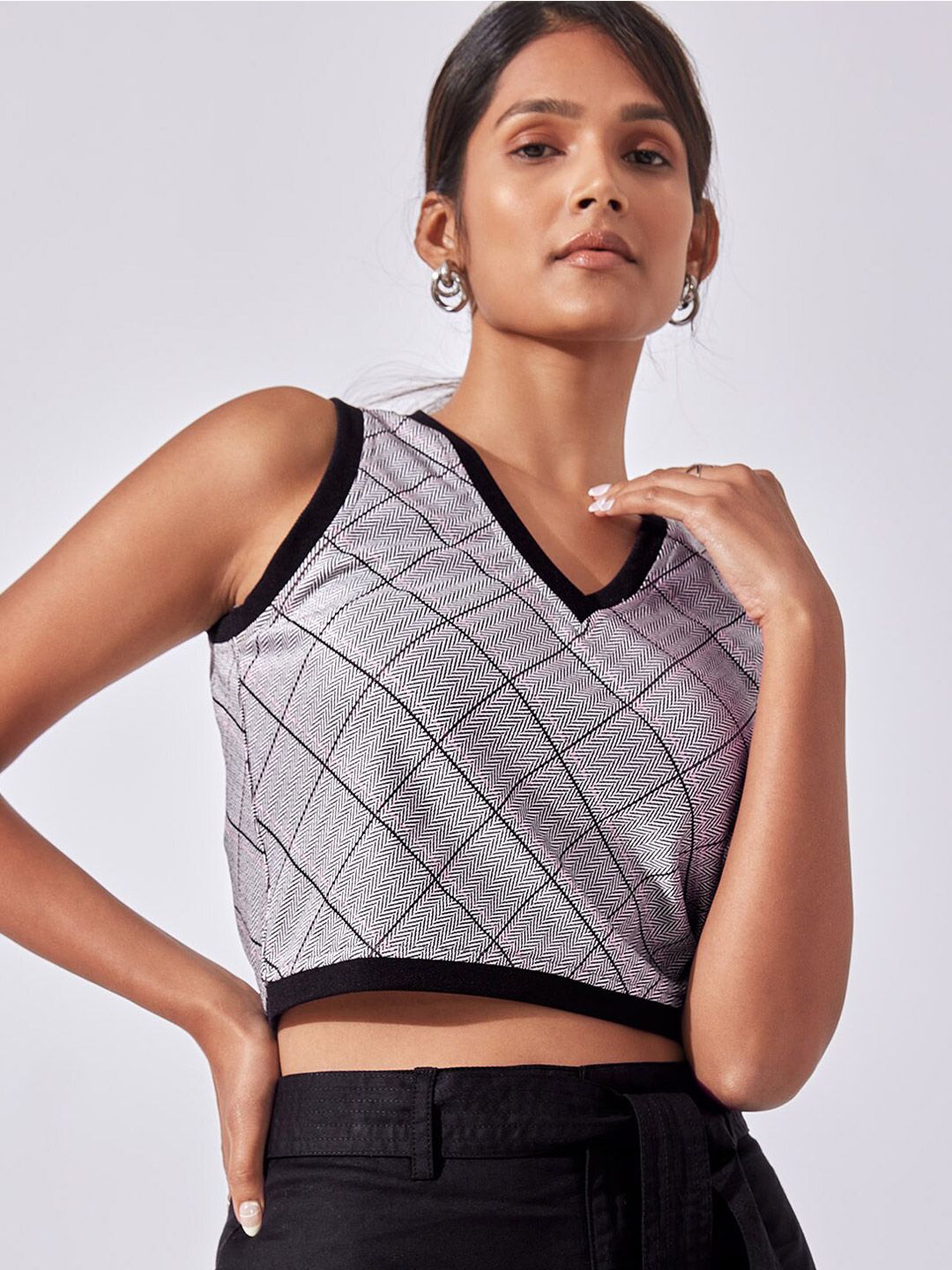 The Label Life Women Grey & Black Checked Crop Top Price in India