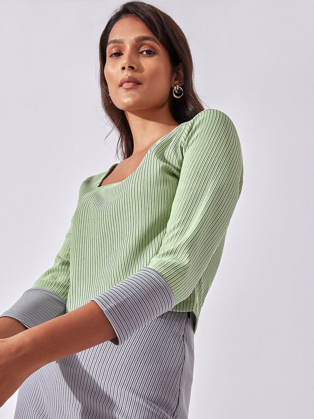 The Label Life Women Green & Grey Squared Neck Striped Top Price in India