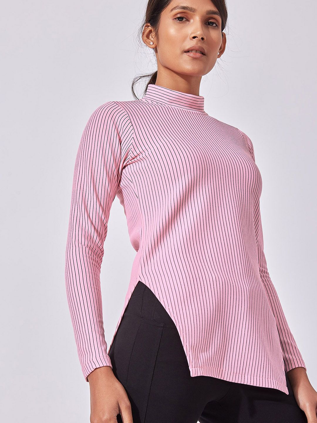 The Label Life Pink Striped High Neck Top Price in India