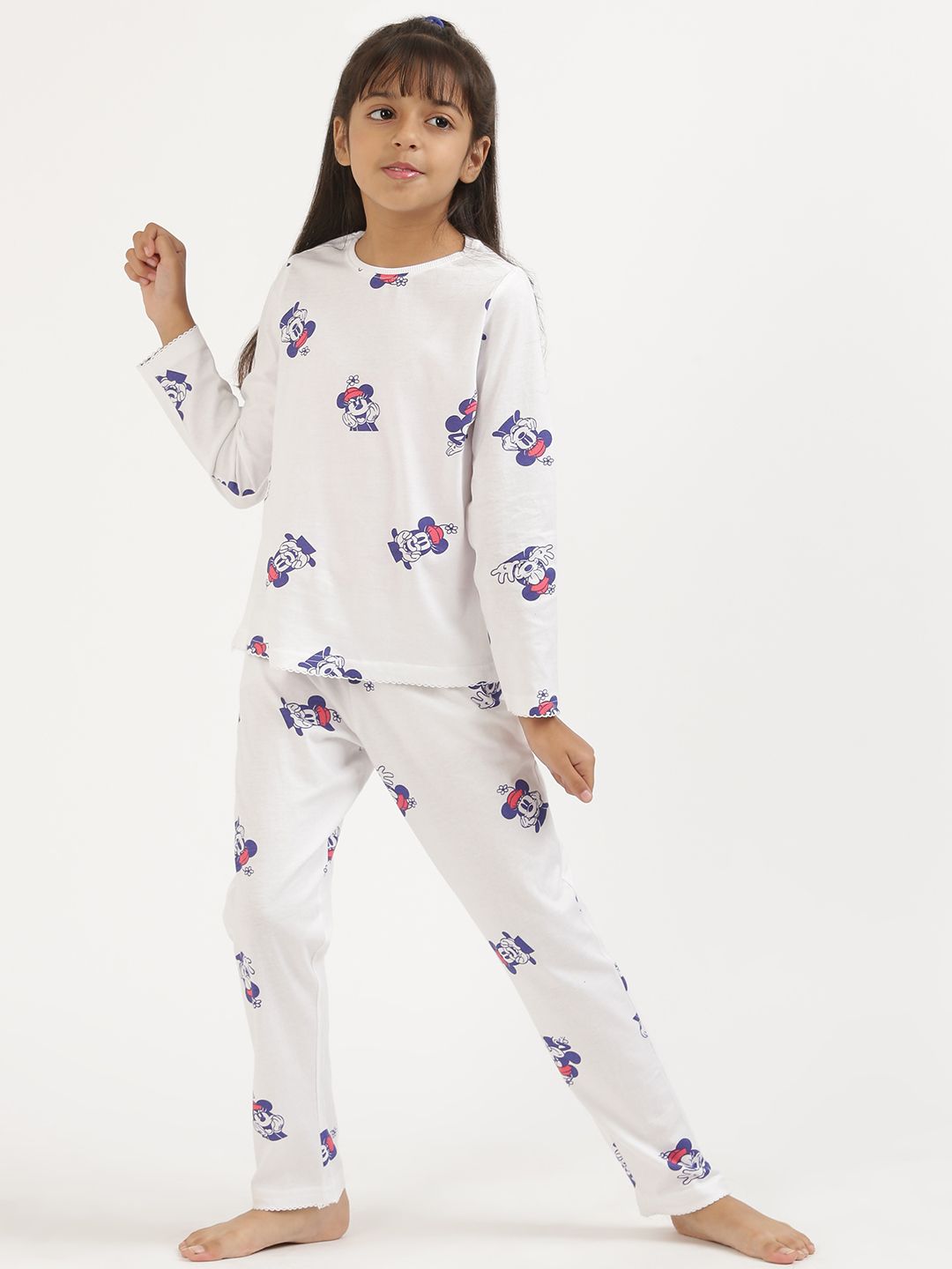 Nap Chief Girls White & Blue Disney Minnie Mouse Printed Pure Cotton Night suit