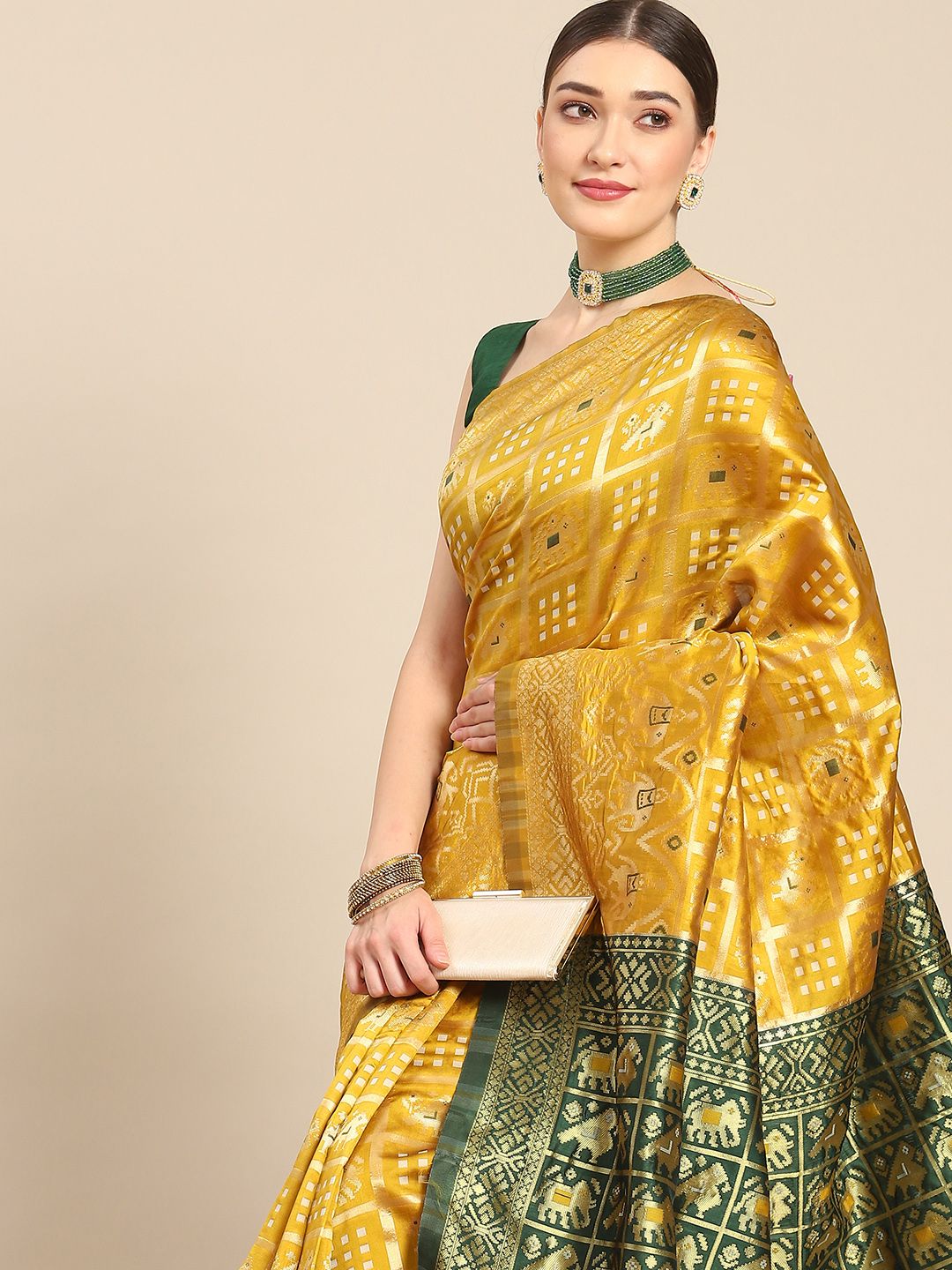 all about you Yellow & Green Woven Design Silk Blend Kanjeevaram Saree Price in India