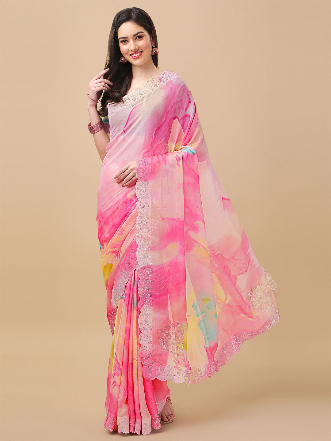 Mitera Pink & Yellow Tie and Dye Beads and Stones Saree Price in India
