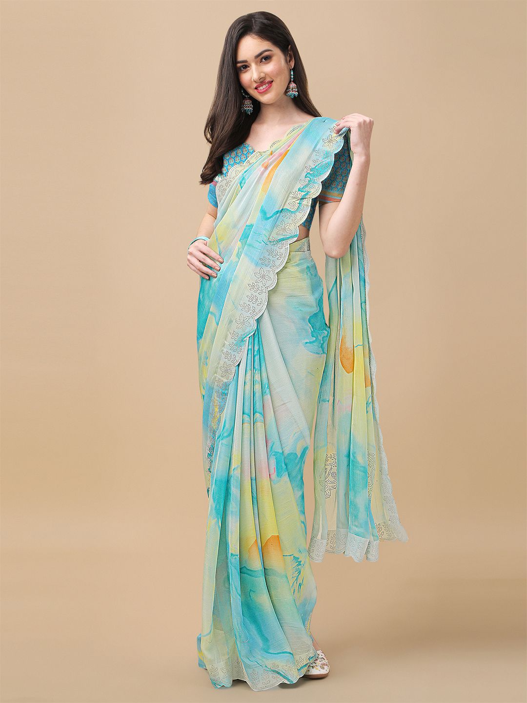 Mitera Blue & Blue Tie and Dye Beads and Stones Saree Price in India
