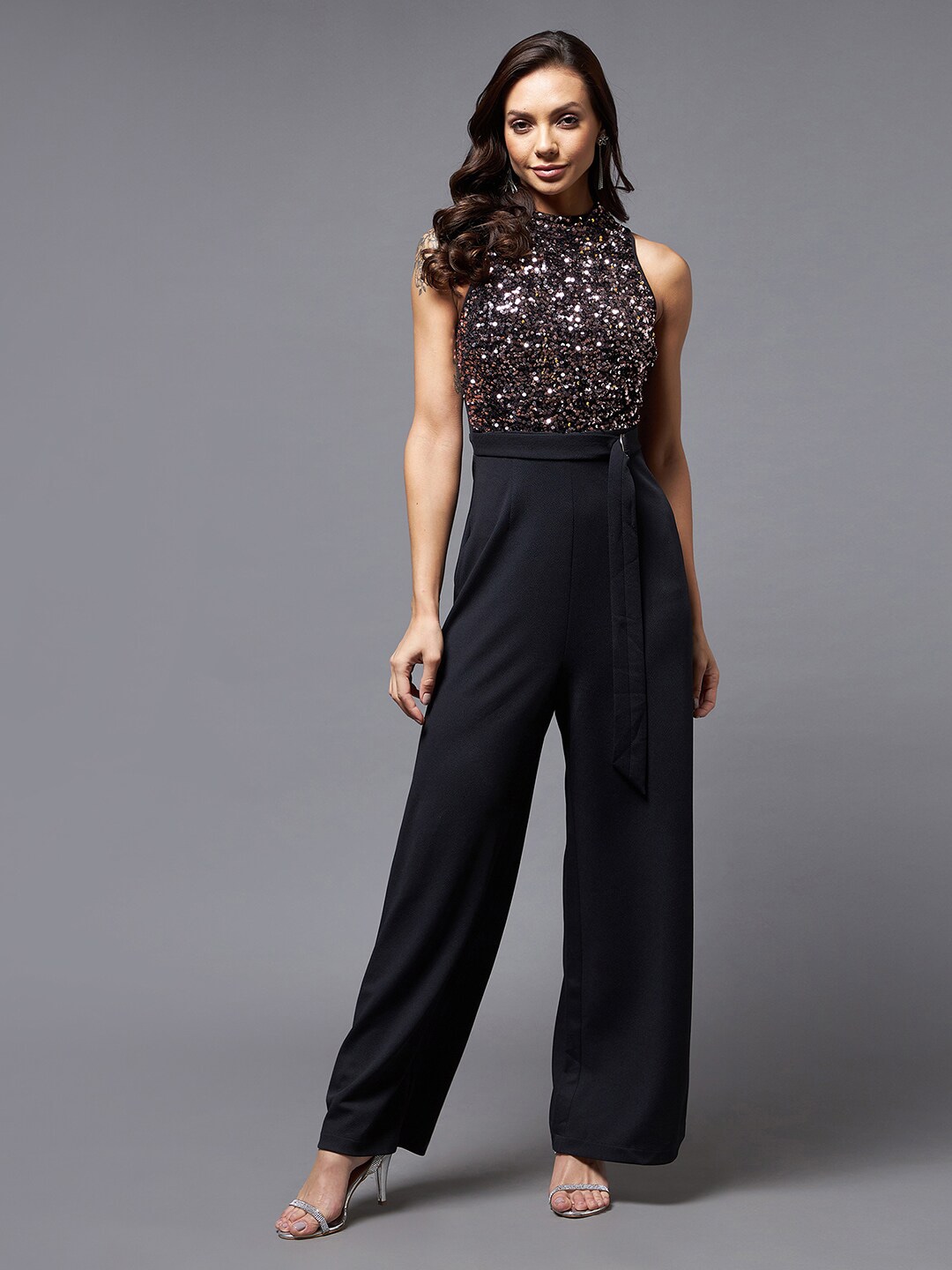 Miss Chase Women Black & Lavender Embellished Jumpsuit Price in India