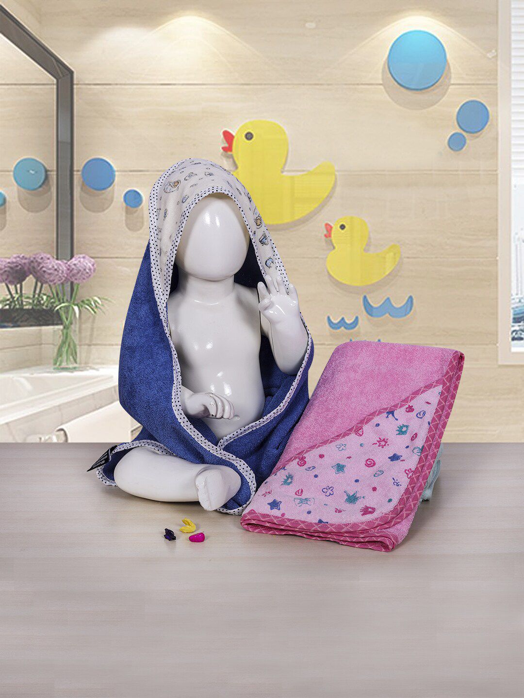 RANGOLI Infant Kids Set Of 2 Printed Pure Cotton Hooded Bath Towels