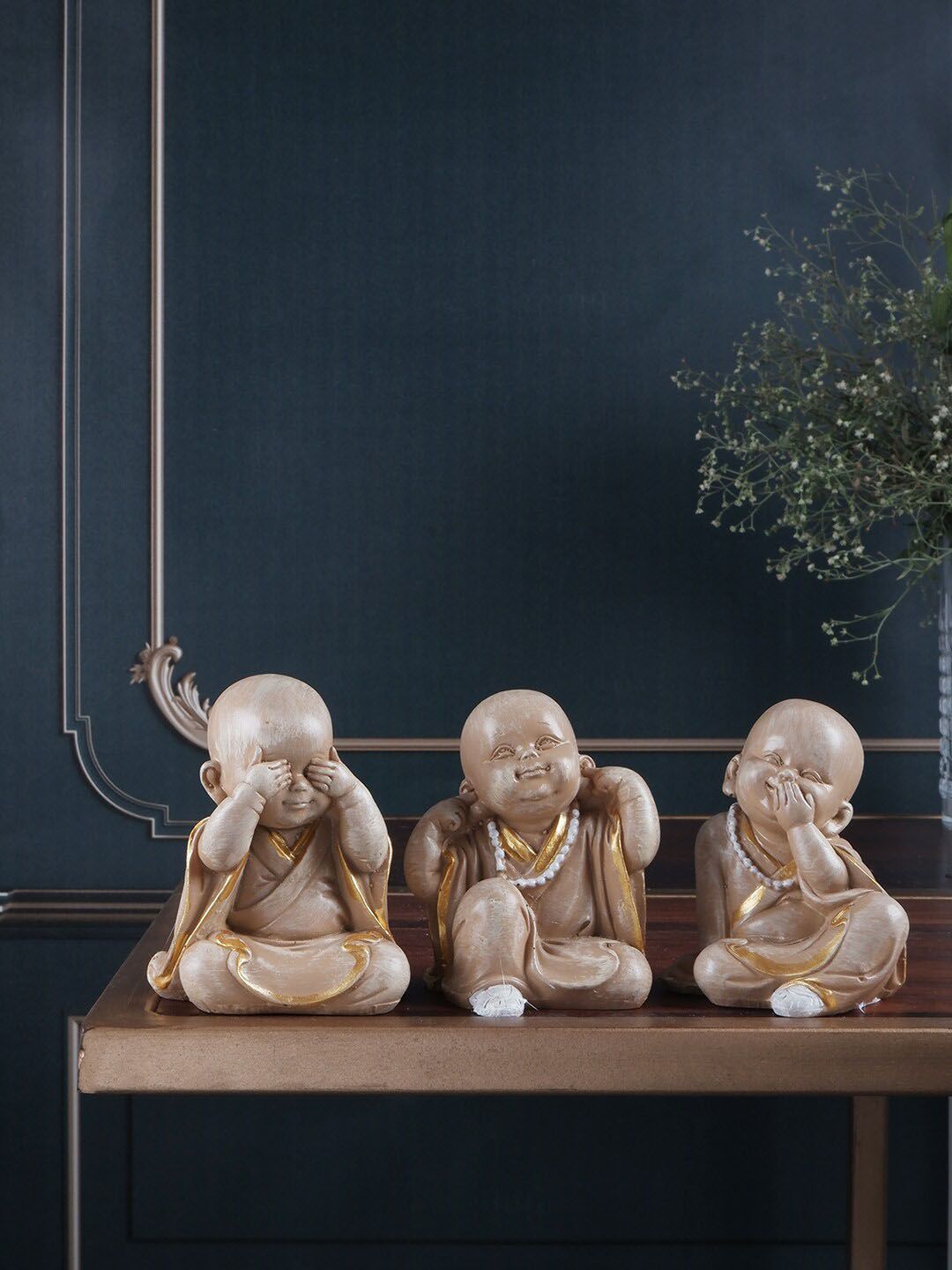 THE WHITE INK DECOR Set of 3 Beige Fengshui Monk Figurine Showpieces Price in India