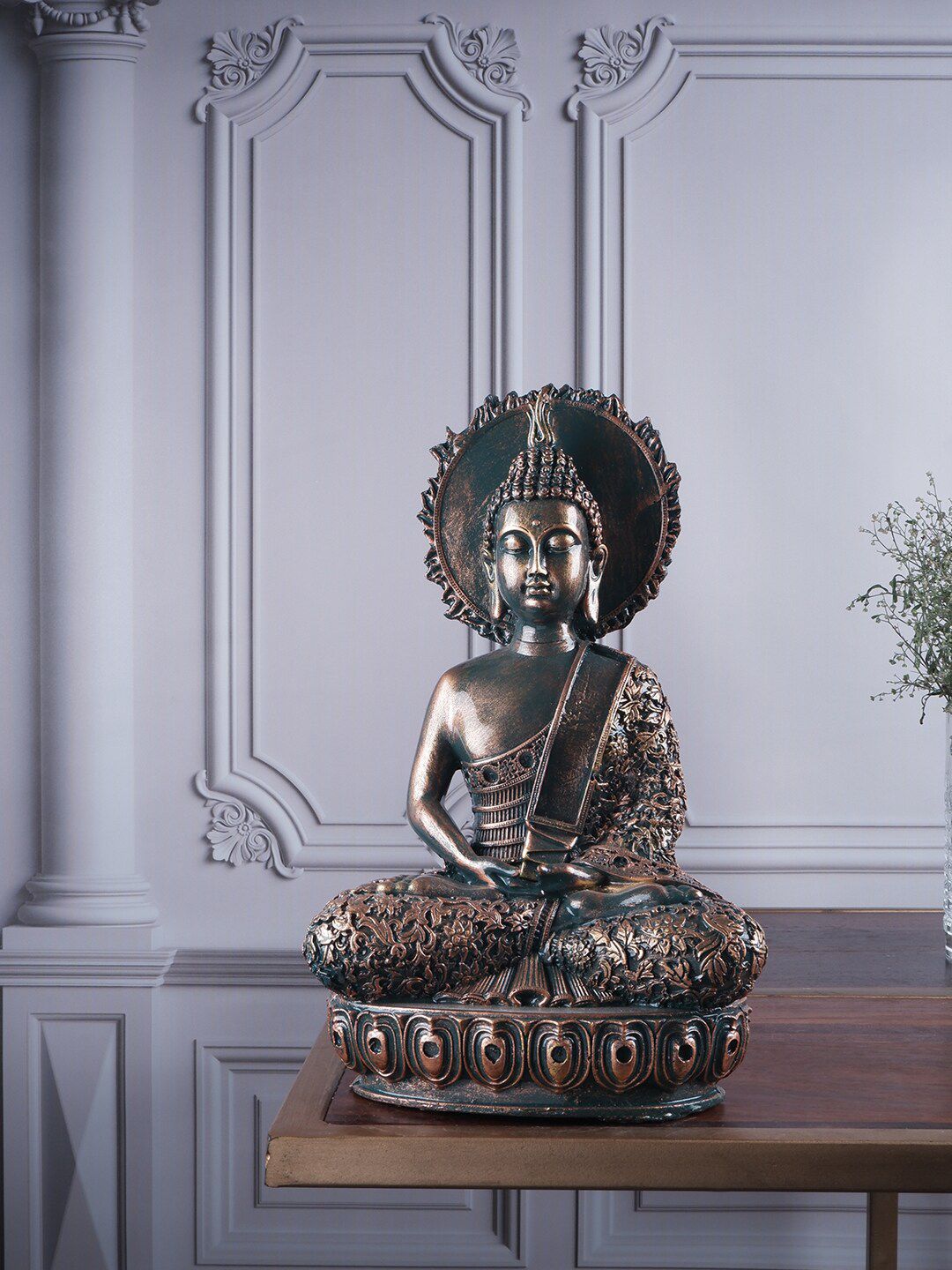 THE WHITE INK DECOR Brown Premium Meditating Buddha Figurine Showpieces Price in India
