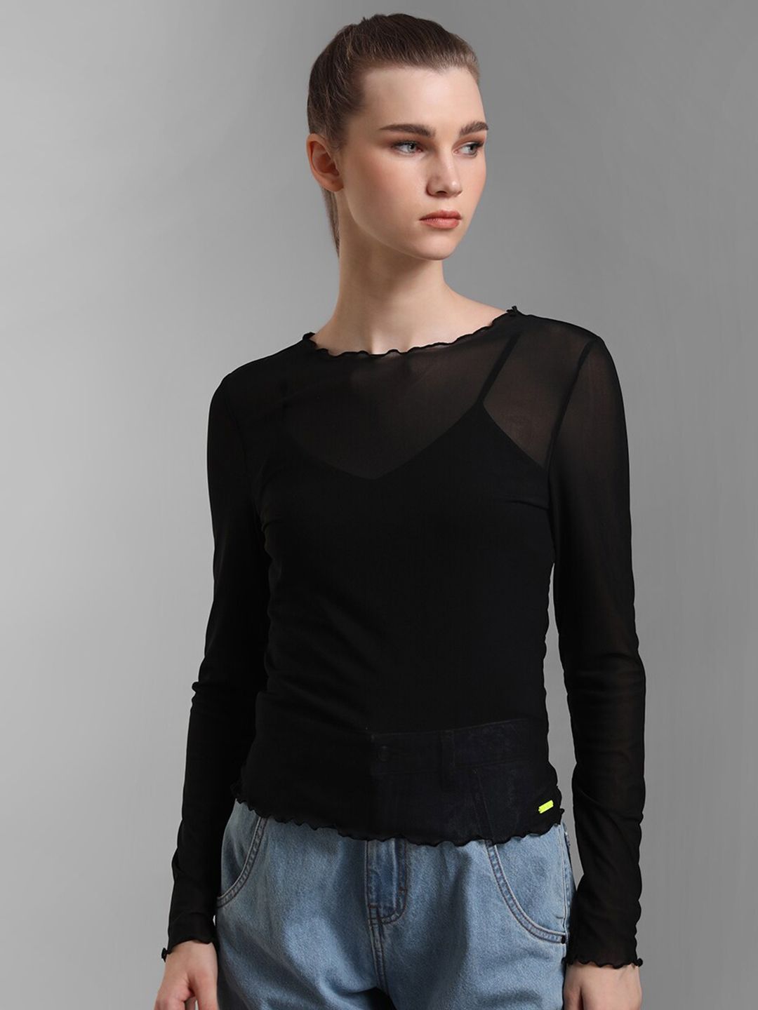 Kazo Women Black Long Sleeve Round Neck Casual Top Price in India