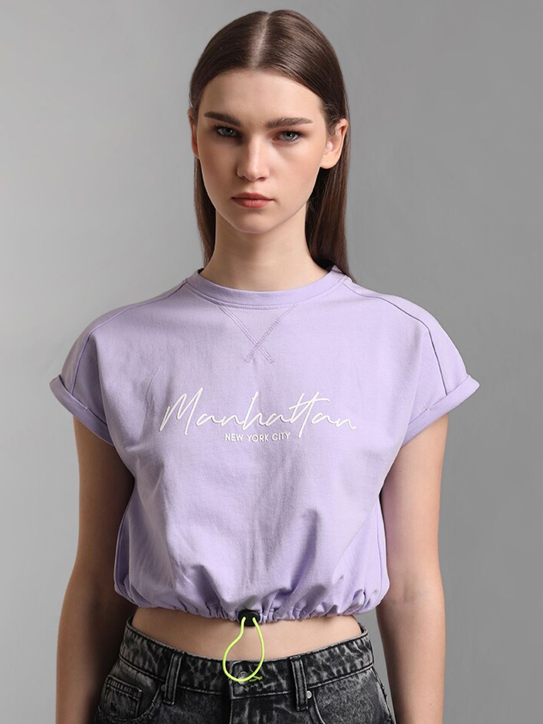 Kazo Purple Pure Cotton Extended Sleeves Blouson Crop Top Price in India