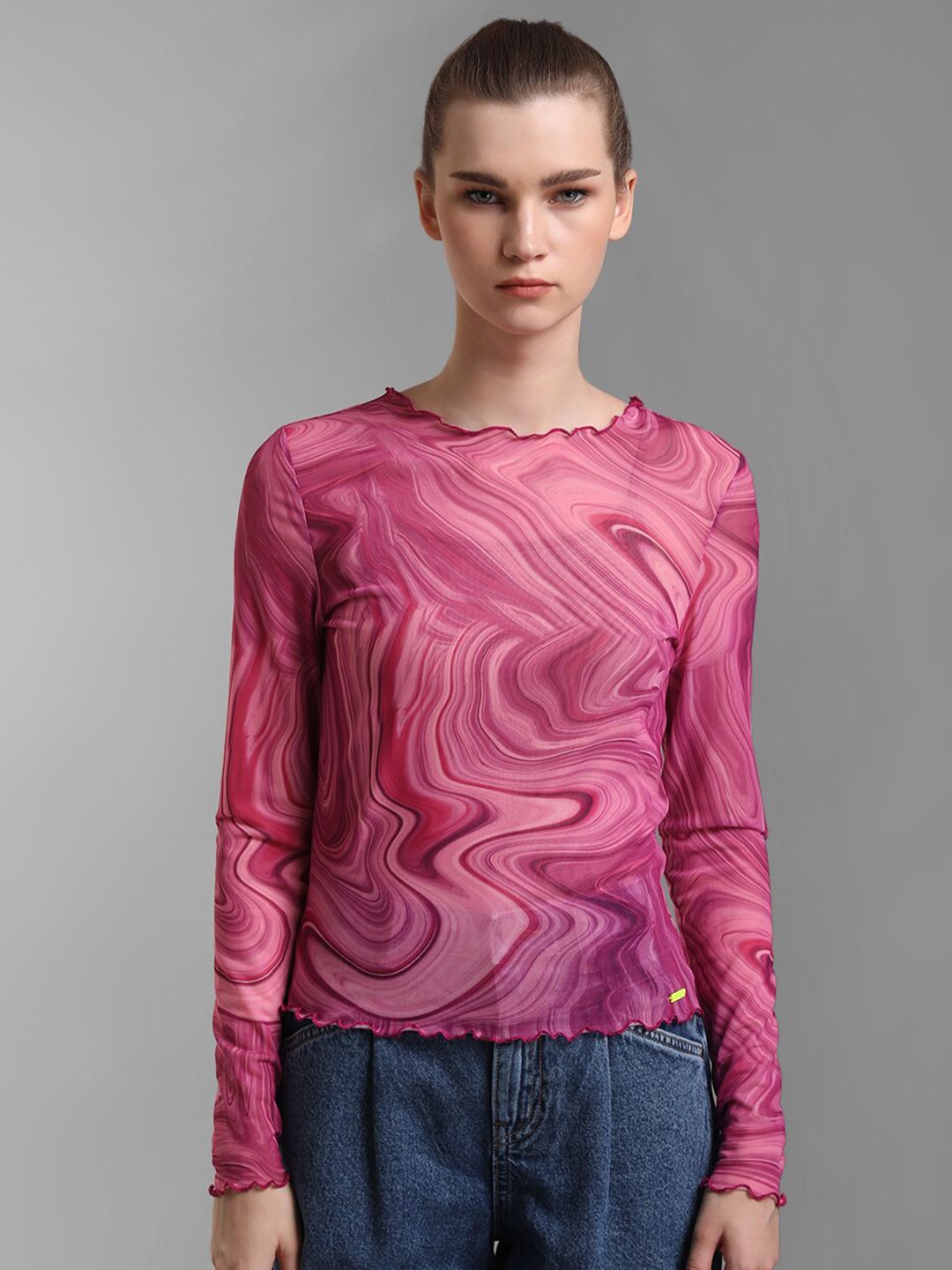 Kazo Women Pink Abstract Print Mesh Top Price in India