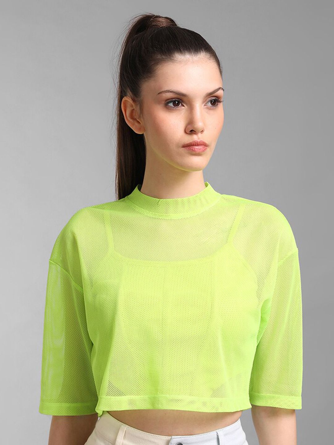 Kazo Fluorescent Green Crop Boxy Top Price in India