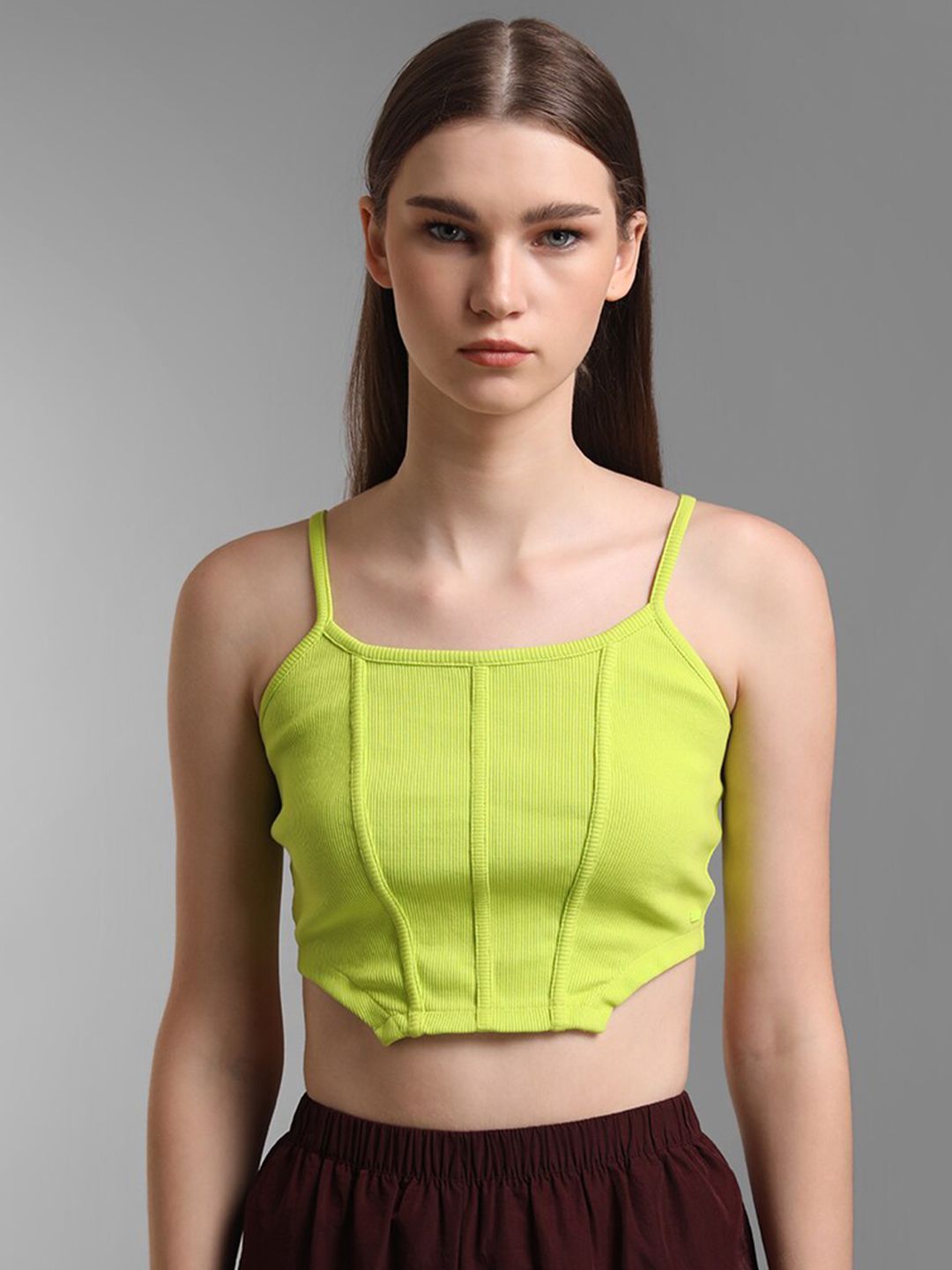 Kazo Women Fluorescent Green Solid Crop Cotton Fitted Top Price in India