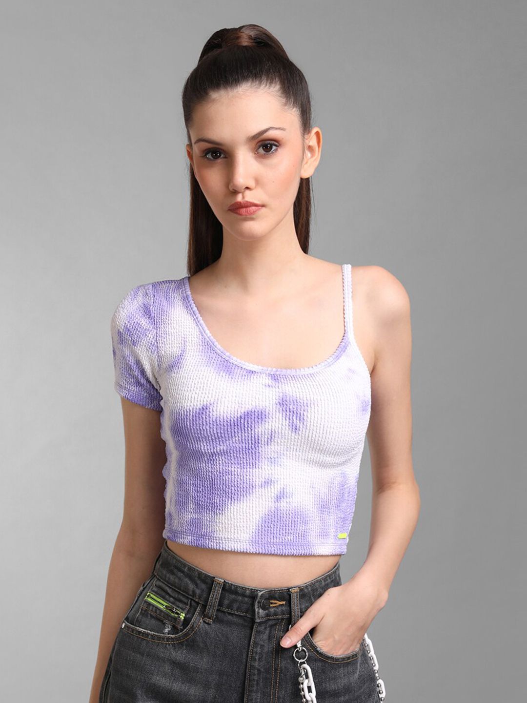 Kazo Purple & White Tie and Dye One Shoulder Crop Top Price in India